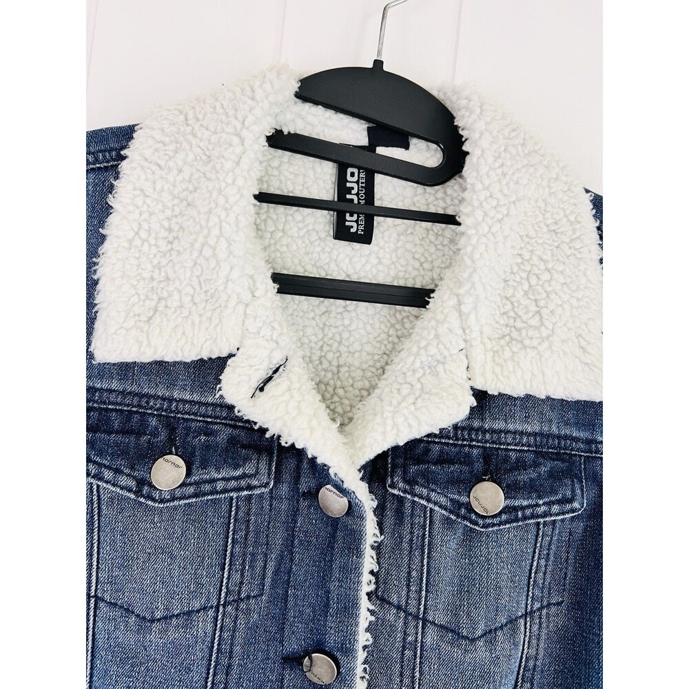 JouJou Blue Denim Fleece Lined Cropped Jean Jacket Y2K Size Medium - Picture 2 of 9